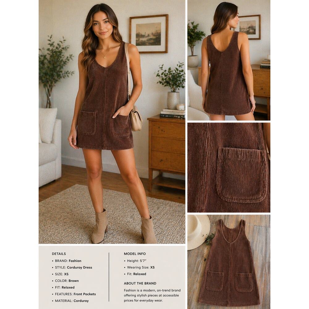 Fashion Corduroy Dress Womens XS Brown Sleeveless Pocket Mini Casual